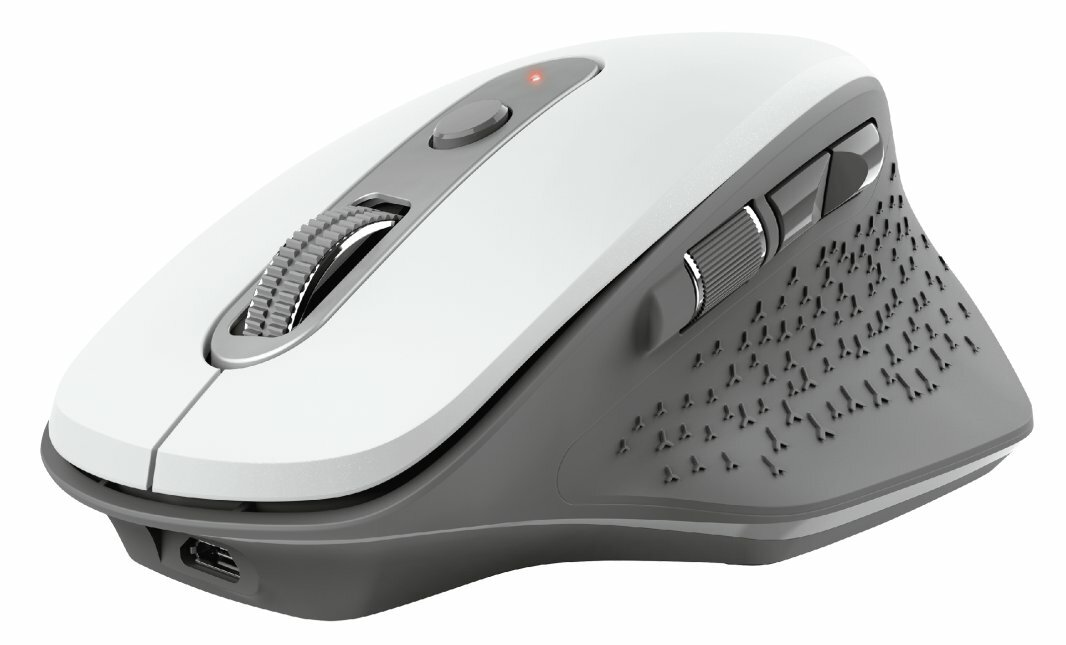 Biała i szara ergonomiczna mysz komputerowa. Posiada kółko przewijania, przyciski i teksturowany uchwyt. Na białym tle.