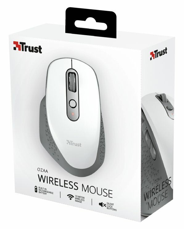 Biało-szara mysz bezprzewodowa Trust w białym pudełku. Posiada kółko przewijania i przyciski. Na pudełku napis 'Wireless Mouse'.