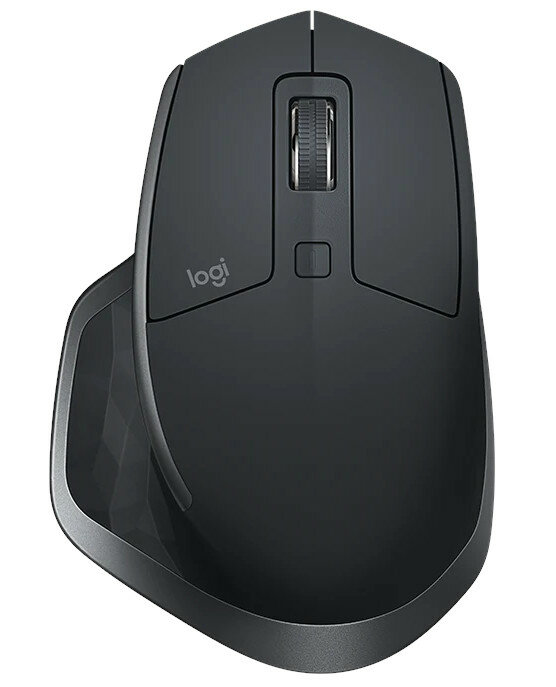 Czarna ergonomiczna mysz z kółkiem przewijania i bocznymi przyciskami. Posiada logo Logitech.