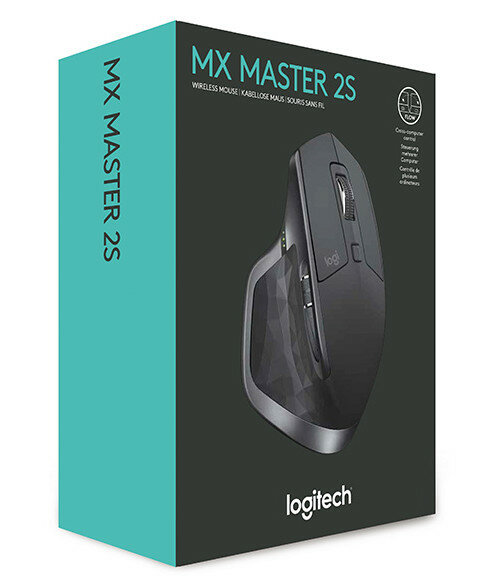 Pudełko z czarną myszą, turkusowymi bokami i logo Logitech.