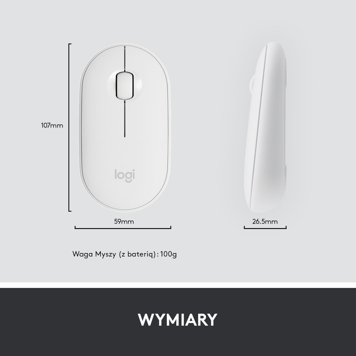 Biała mysz, widok z góry i z boku. Pokazuje wymiary i logo Logi.