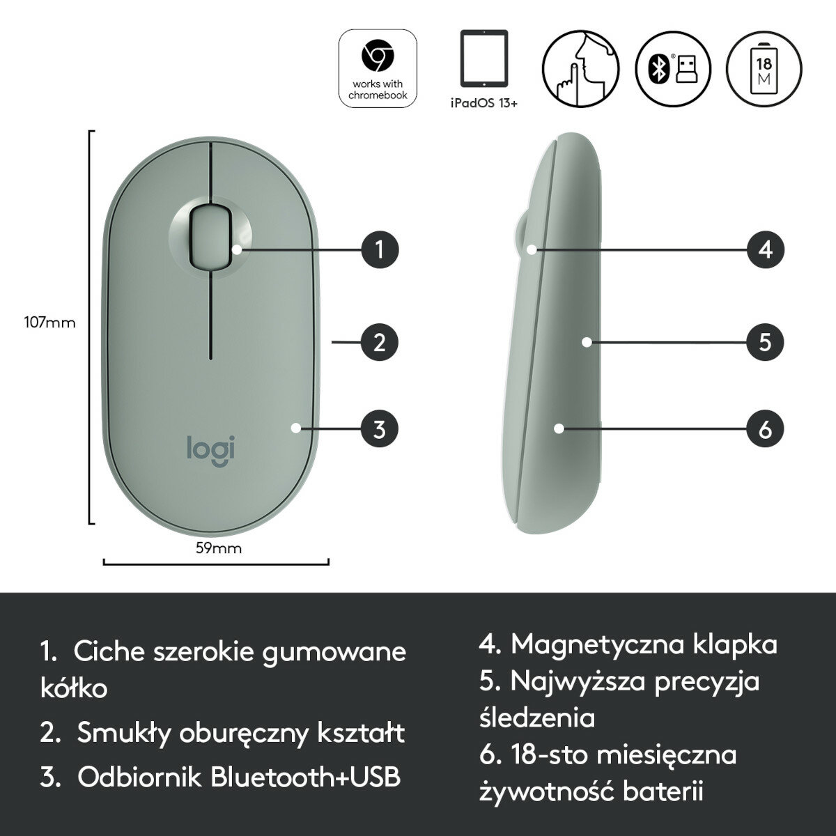 Mysz bezprzewodowa LOGITECH Pebble M350 Eukaliptusowy 910-005720