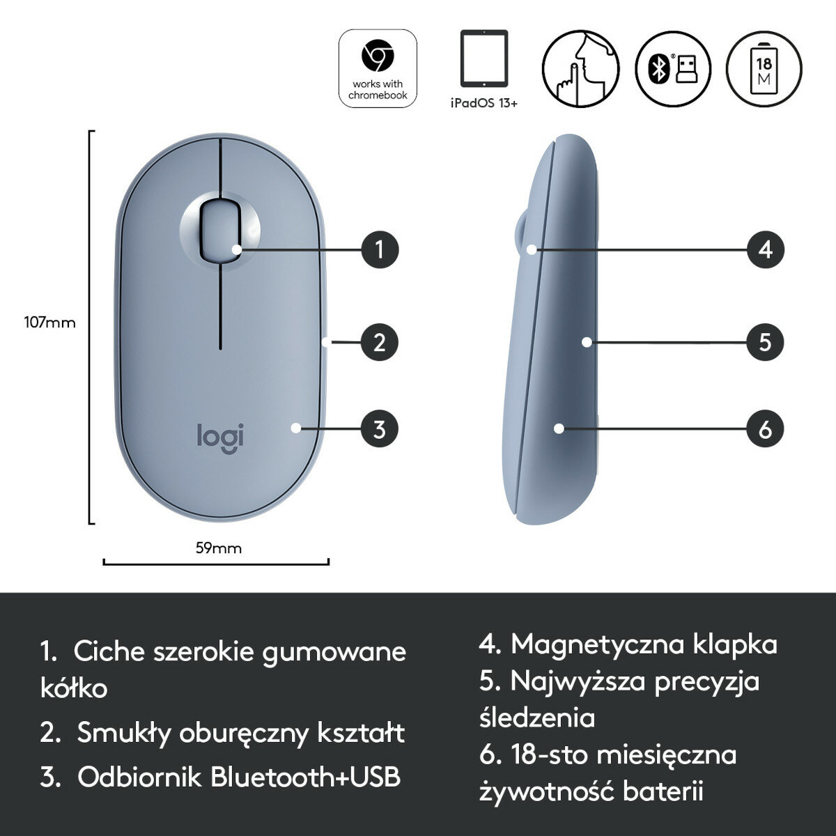 Mysz bezprzewodowa LOGITECH Pebble M350 Jasnoniebieski 910-005719