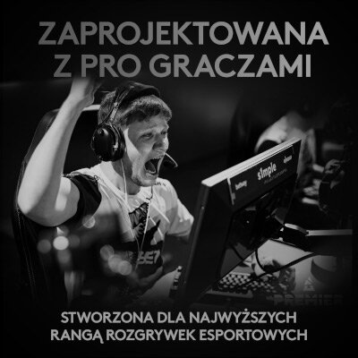 Gracz świętuje przed ekranem. Tekst: Zaprojektowana z pro graczami.