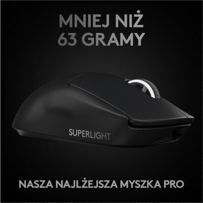 Czarna mysz Superlight na czarnym tle z tekstem.