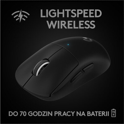 Czarna bezprzewodowa mysz do gier. Ma kółko przewijania i boczne przyciski. Marka to Logitech.
