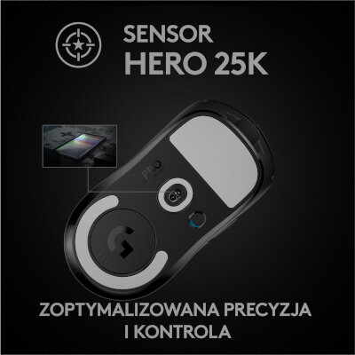 Czarny spód myszy z logo 'G', ikoną celu i tekstem 'SENSOR HERO 25K'.