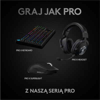 Konfiguracja do gier z klawiaturą, zestawem słuchawkowym i myszą. Tekst: 'GRAJ JAK PRO' i 'Z NASZA SERIA PRO'.