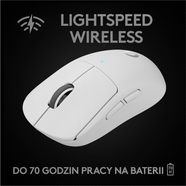 Biała mysz do gier z napisem Lightspeed Wireless, czarne tło. 70 godzin pracy na baterii.