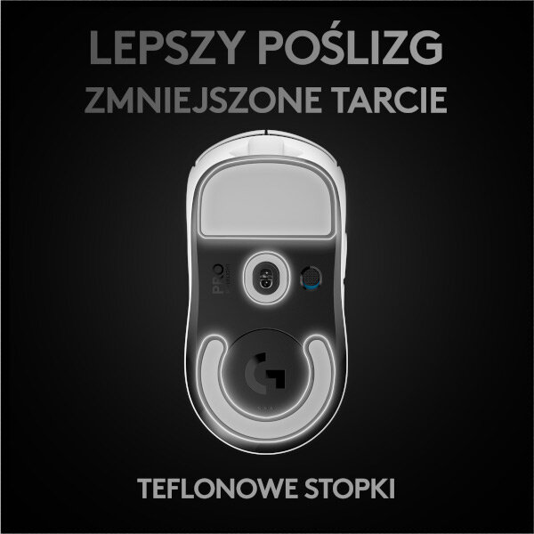 Widok od spodu białej myszy do gier z świecącymi światłami.