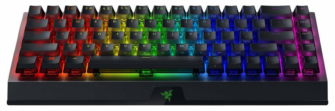 Czarna klawiatura do gier z podświetleniem RGB. Klawisze są przezroczyste, podświetlając różne kolory.