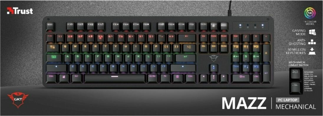 Czarna klawiatura do gier z kolorowymi podświetlanymi klawiszami.