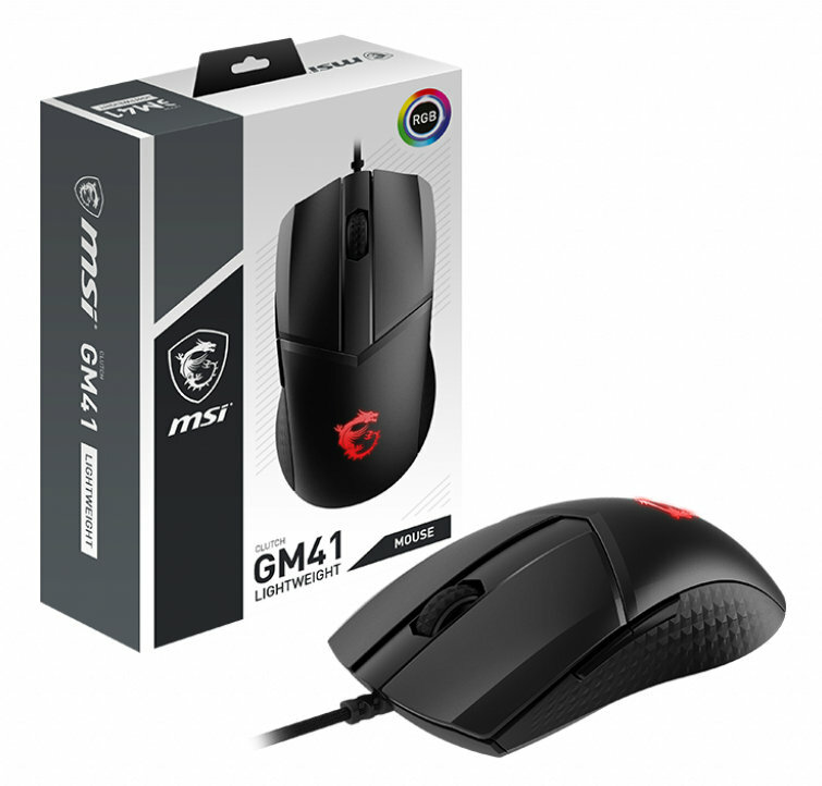 Czarna mysz gamingowa MSI z pudełkiem. Mysz po prawej. Pudełko po lewej.