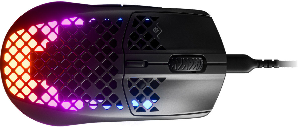 Mysz do gier z perforowaną konstrukcją. Światła RGB. Połączona z czarnym kablem.