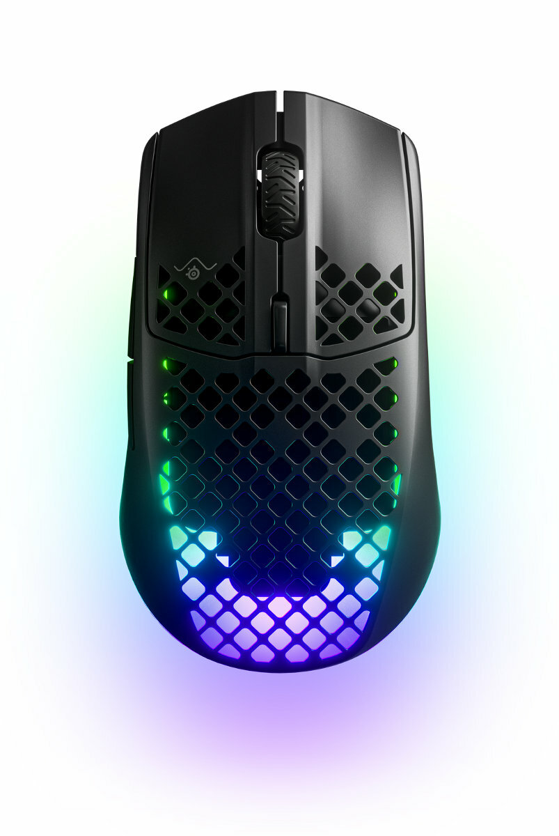 Czarna mysz gamingowa, widok z góry, z wzorem plastra miodu i oświetleniem RGB.
