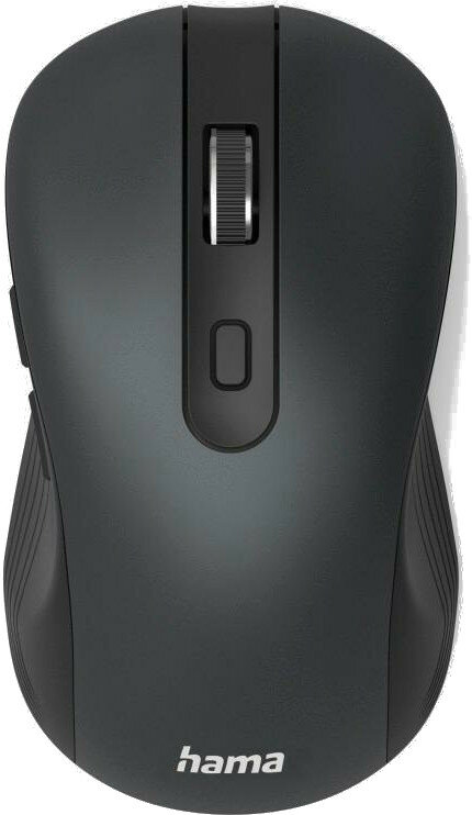 Czarna ergonomiczna mysz z kółkiem przewijania i bocznymi przyciskami, widok z góry, białe tło.