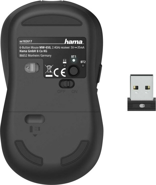 Zdjęcie produktu przedstawiające tył myszy i jej odbiornik USB.