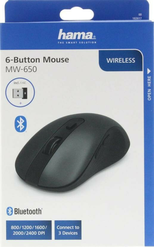 Czarna mysz bezprzewodowa w pudełku z niebieskimi akcentami. Mysz ma Bluetooth i ustawienia DPI.