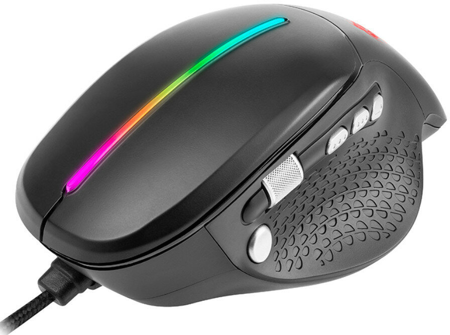 Czarna mysz do gier z oświetleniem RGB. Posiada boczne przyciski i teksturowany uchwyt.