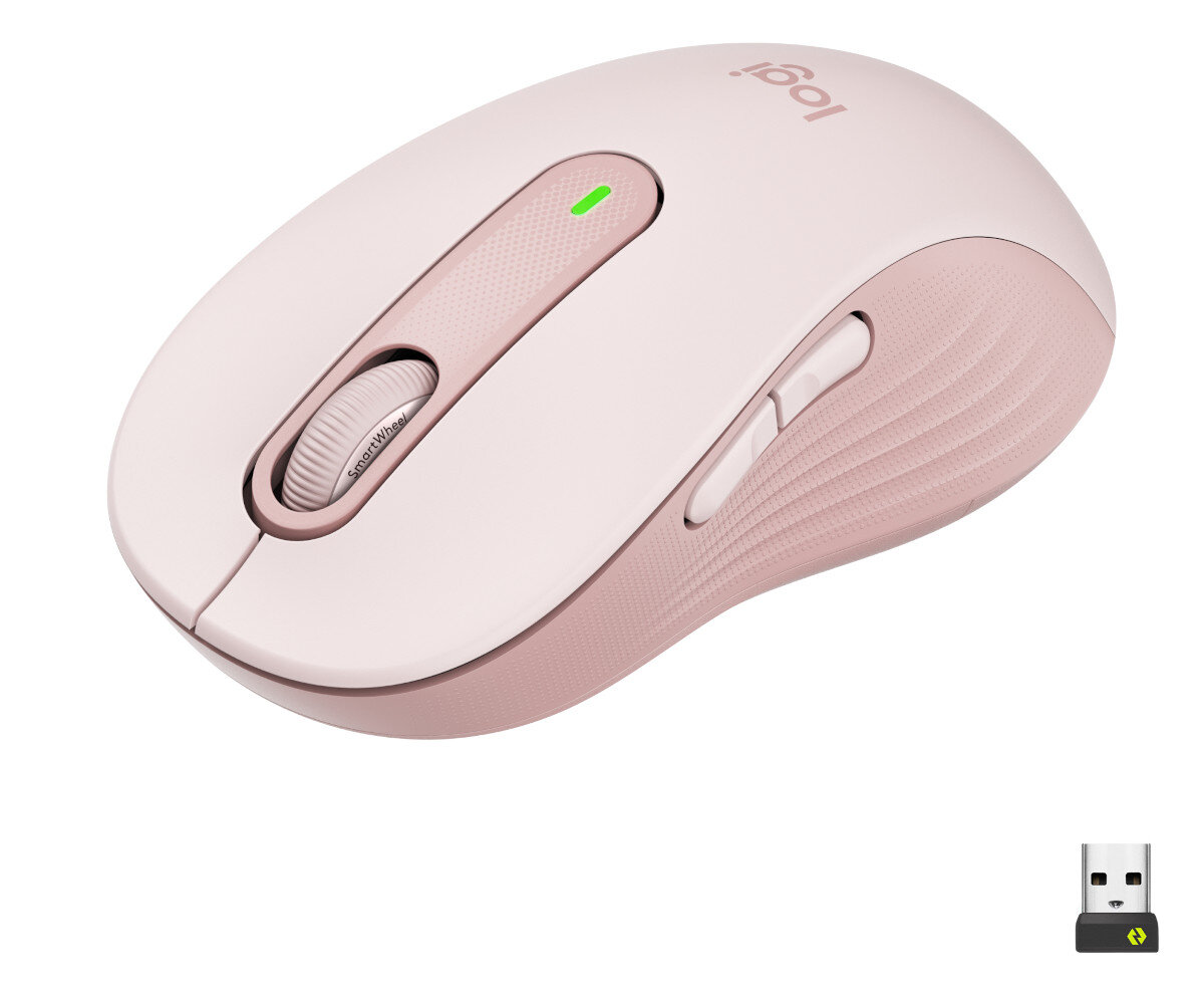 Różowa mysz bezprzewodowa z kółkiem przewijania, przyciskami bocznymi i odbiornikiem USB.