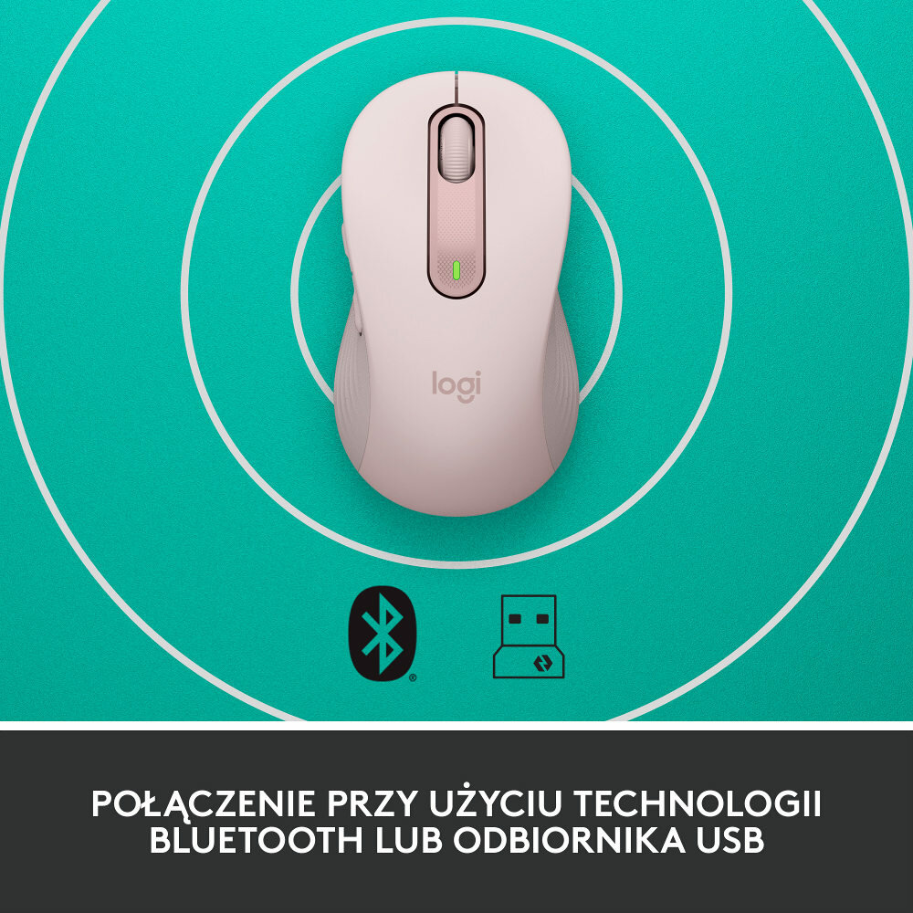Różowa mysz bezprzewodowa z ikonami Bluetooth i odbiornika USB na powierzchni.