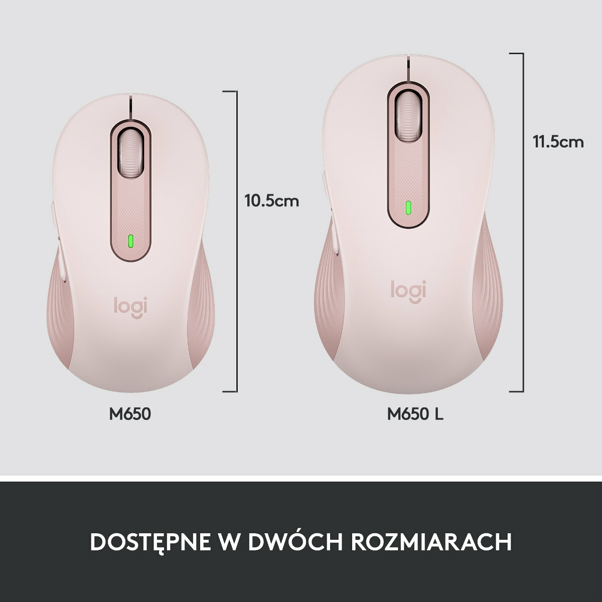 Dwie myszy Logitech M650, jedna większa, obok siebie. Różowo-biały kolor. Podano wymiary.
