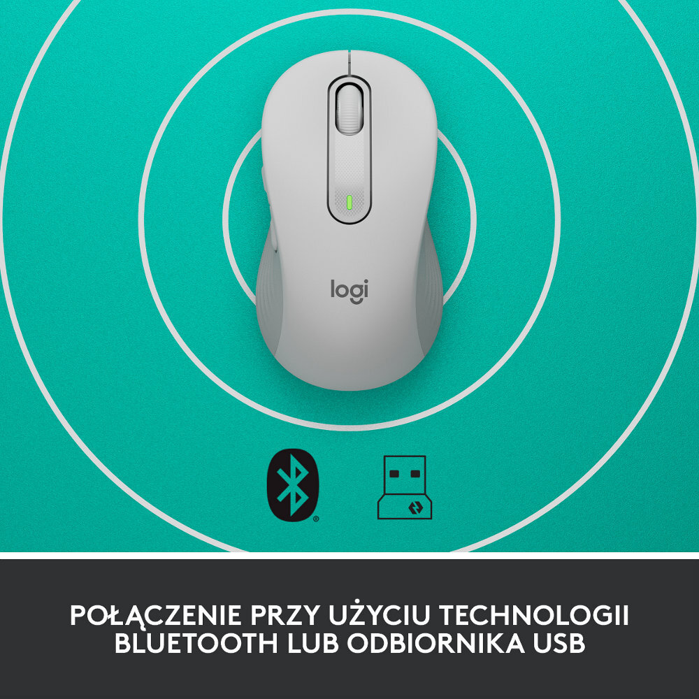 Biała mysz na turkusowym tle. Ma kółko przewijania i logo. Symbole Bluetooth i USB poniżej.