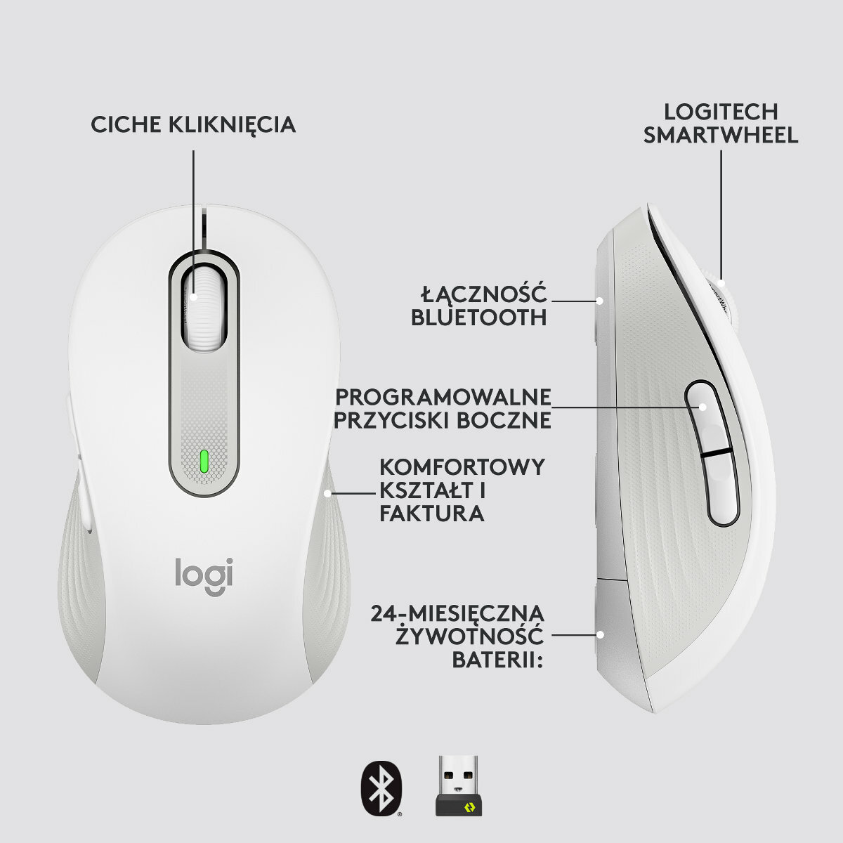 Biała mysz Logitech z bocznymi przyciskami, logo Bluetooth i usb.