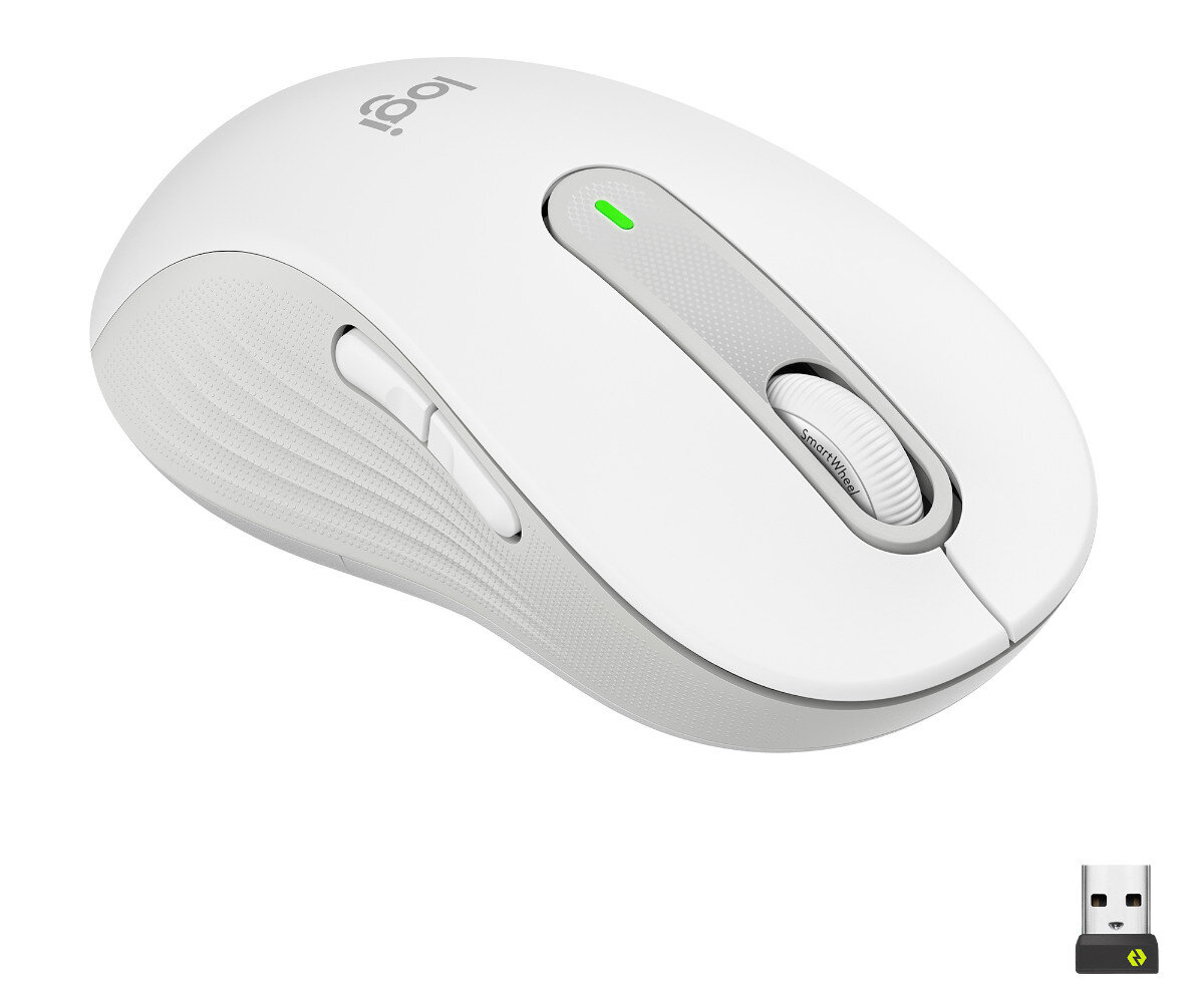 Biała mysz Logitech z szarymi akcentami. Posiada kółko przewijania i przyciski. Zielone światło. Odbiornik USB.