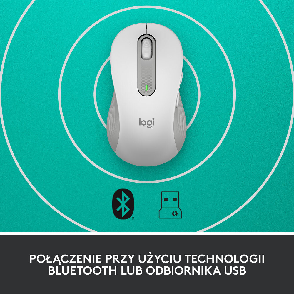 Biało-szara mysz Logitech na turkusowej powierzchni, z ikonami Bluetooth i USB.