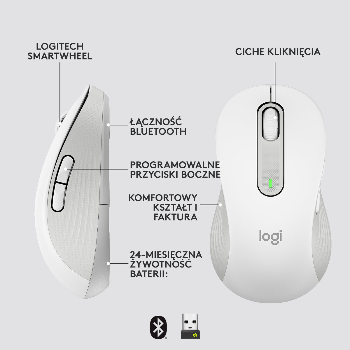 Biała mysz Logitech. Tekst opisuje funkcje, takie jak Bluetooth, boczne przyciski, komfort i żywotność baterii.