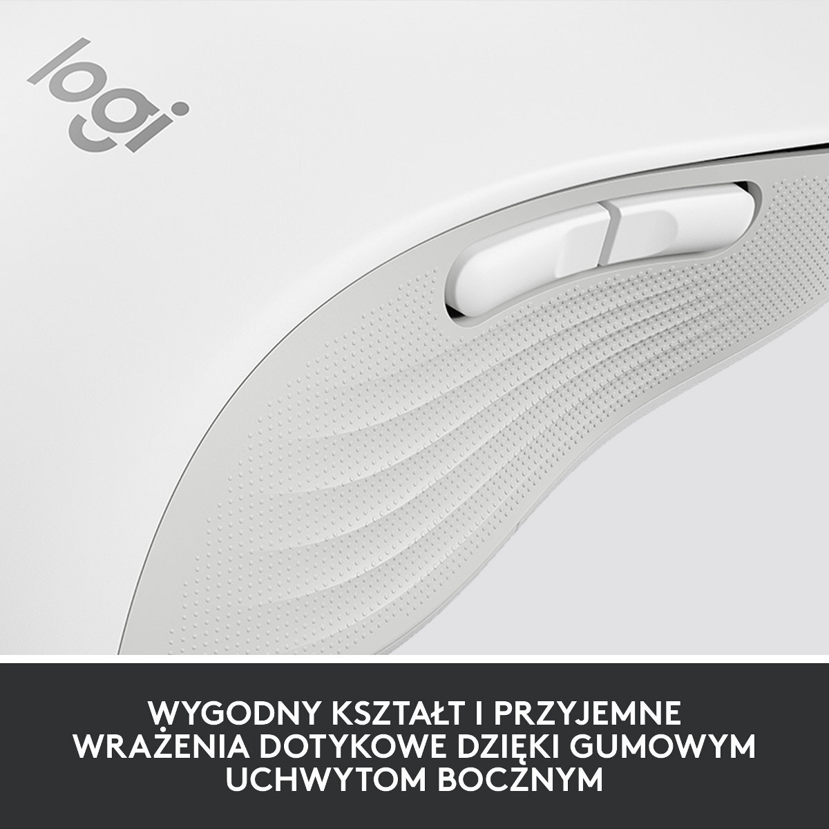 Zbliżenie białej myszy Logitech. Widoczne przyciski i teksturowany uchwyt. Tekst w języku polskim na dole.