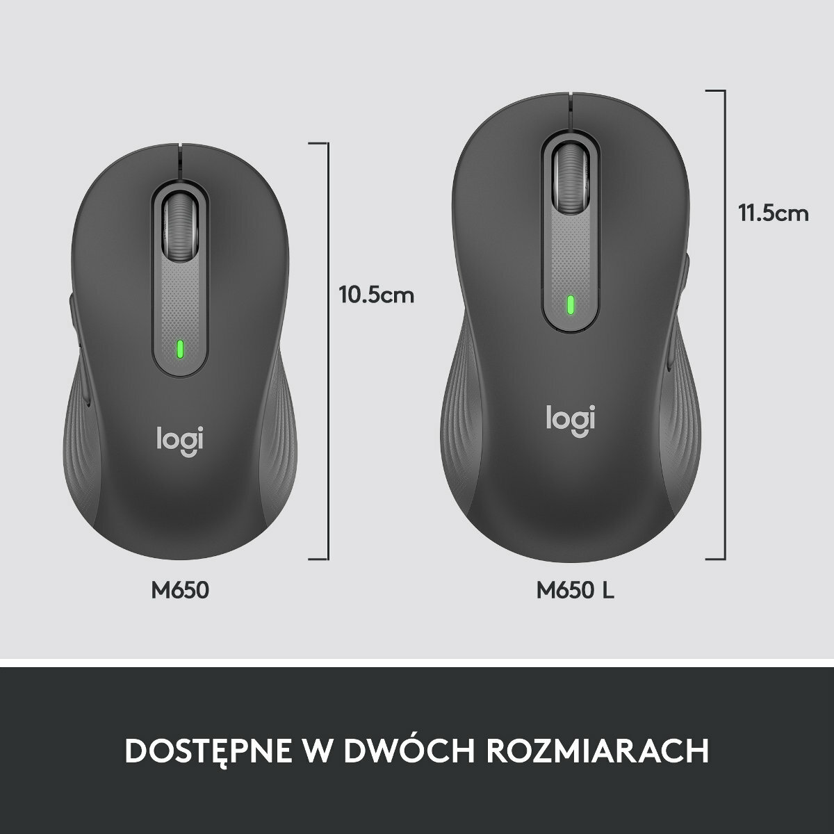 Dwie czarne myszy Logitech M650, jedna w standardowym rozmiarze i jedna większa, z wymiarami.
