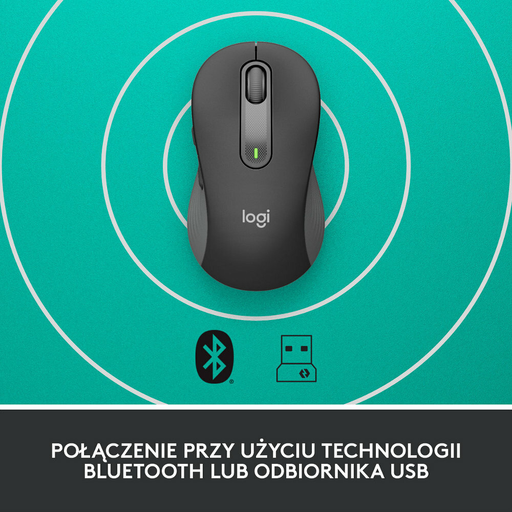 Widok z góry na czarną mysz Logitech z ikonami Bluetooth i odbiornika USB na zielonym tle.