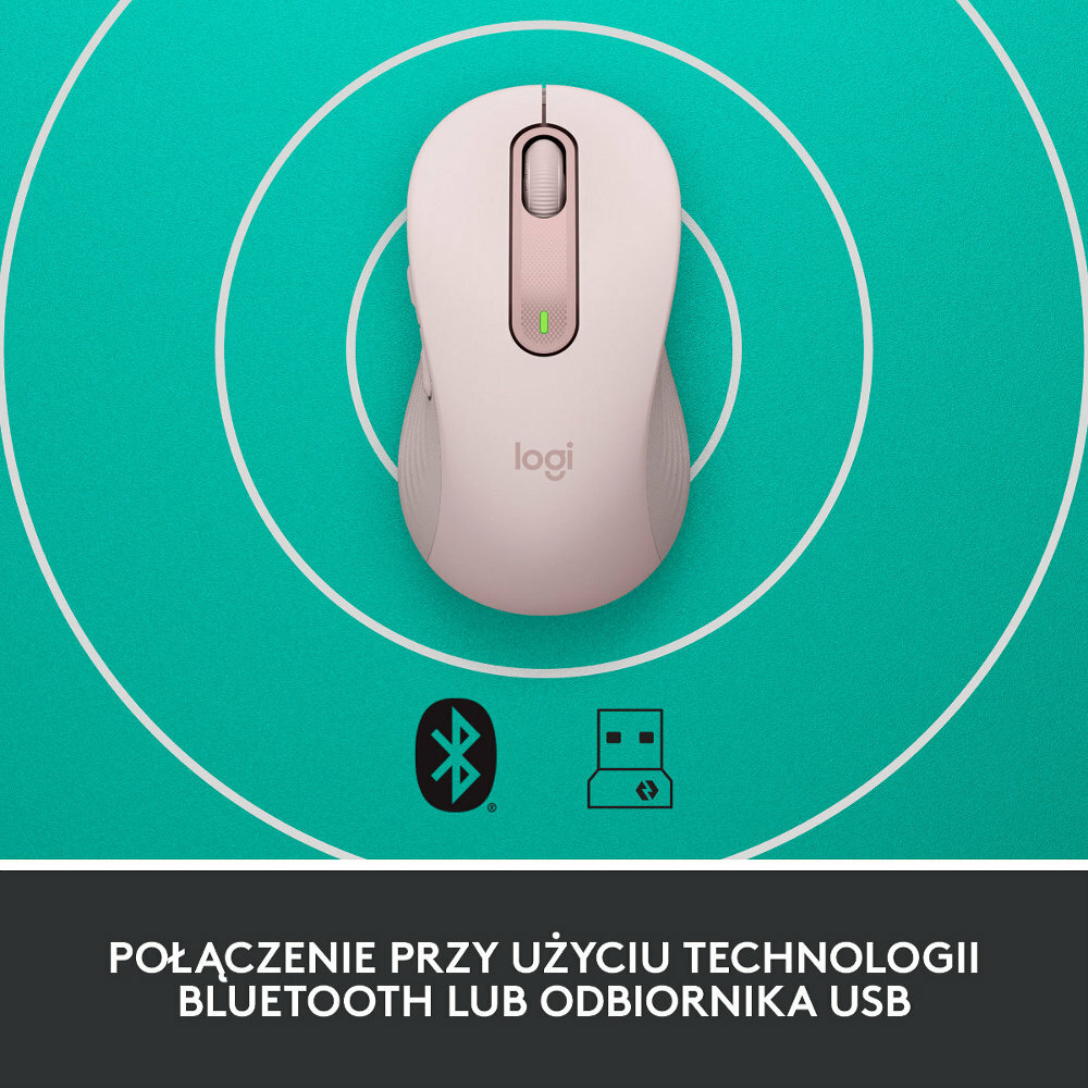 Jasnoróżowa mysz bezprzewodowa z turkusowym tłem i logo Bluetooth.