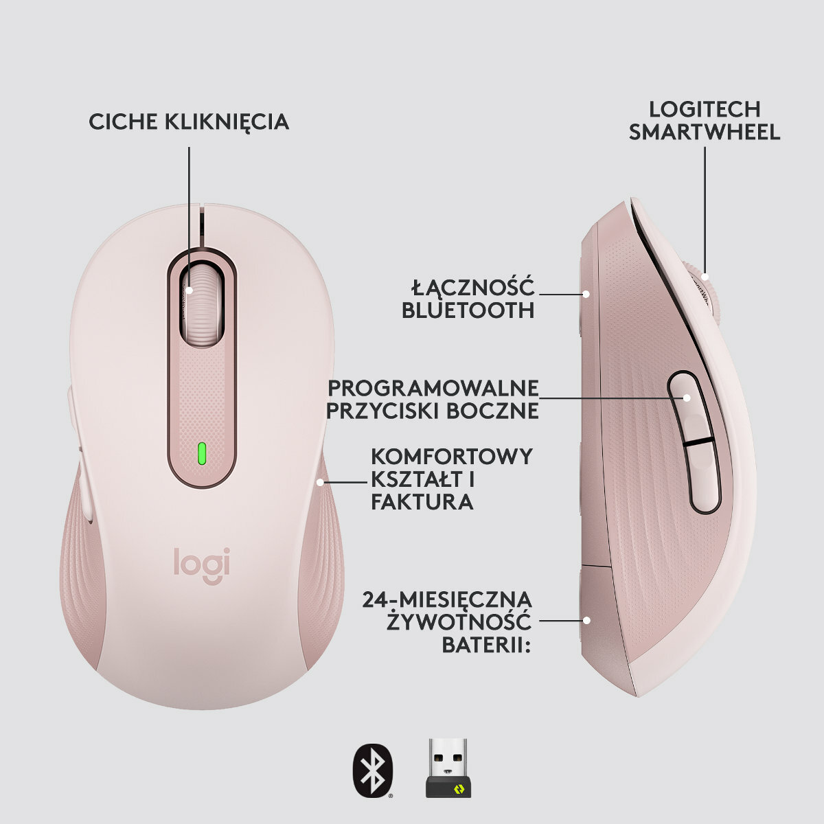 Różowa mysz z bocznymi przyciskami. Etykiety i diagramy. Ikony Bluetooth i USB.