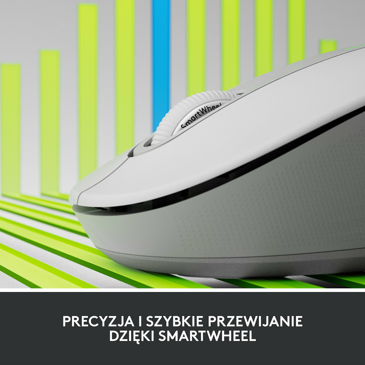 Biała mysz komputerowa z SmartWheel. Myszka leży na biurku z kolorową grafiką.