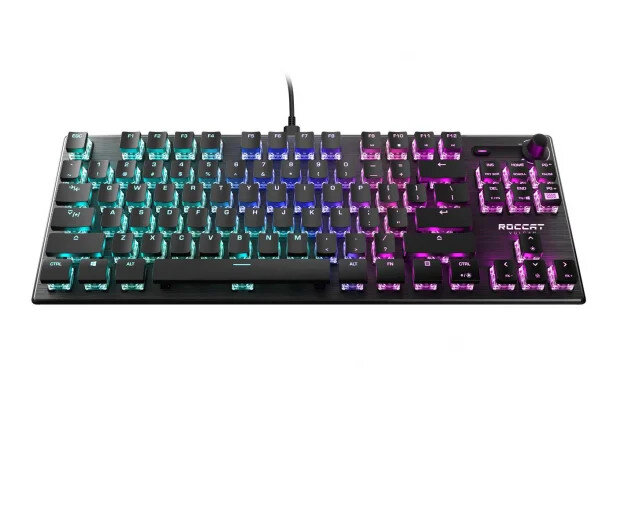 Czarna klawiatura do gier z kolorowymi podświetlanymi klawiszami. Marka ROCCAT.