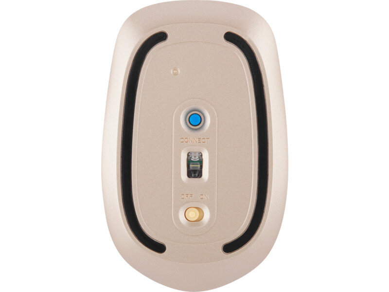 Widok od spodu myszy bezprzewodowej. Mysz jest beżowa z czarnymi akcentami. Posiada przełącznik połączenia i włączania/wyłączania.
