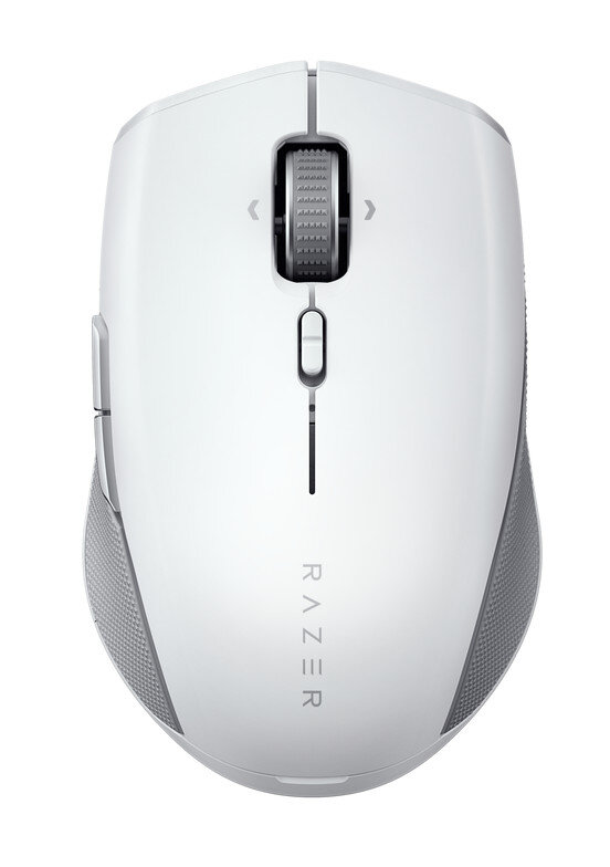 Biała mysz Razer z szarymi akcentami. Posiada kółko przewijania, boczne przyciski i logo Razer.