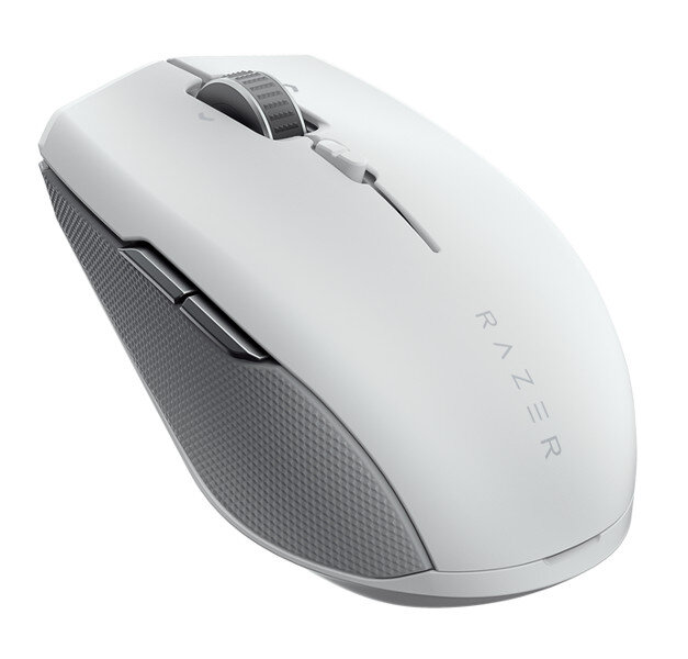 Biała mysz Razer z szarym uchwytem. Widoczne logo Razer. Mysz jest na białym tle.