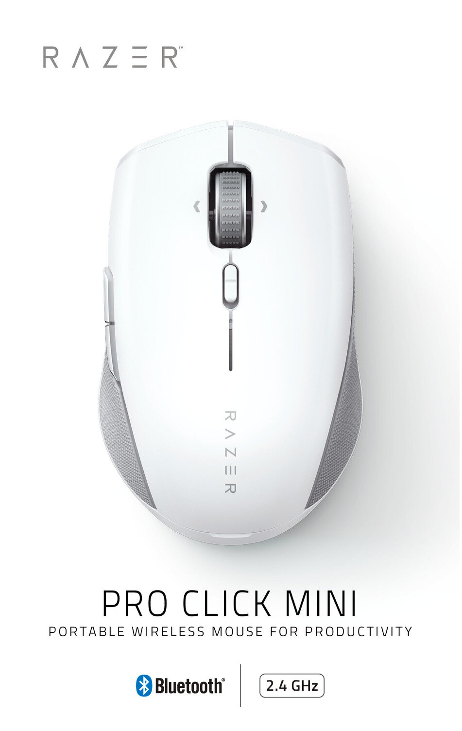 Biała mysz Razer Pro Click Mini. Ma kółko przewijania, przyciski i logo Razer.