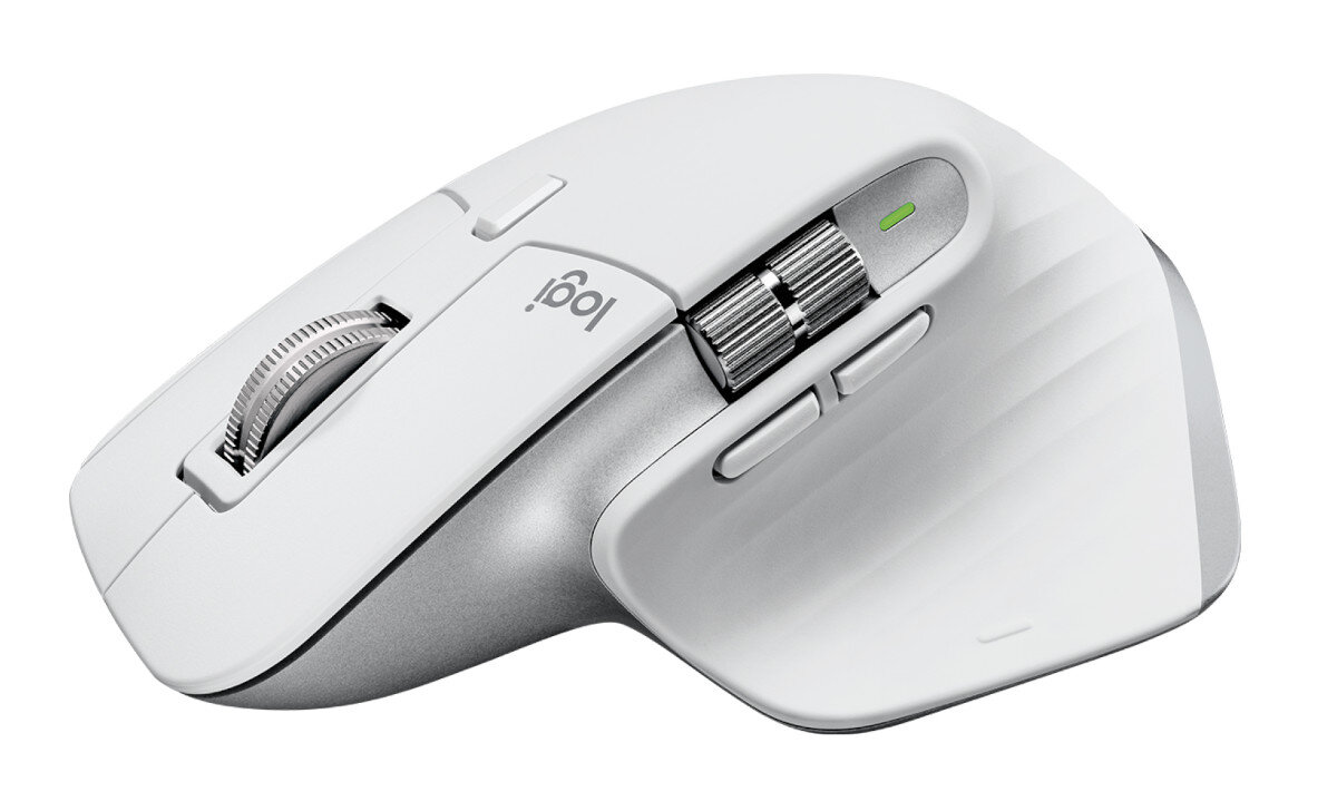 Biała mysz Logitech. Srebrne akcenty, wiele przycisków i kółko przewijania.