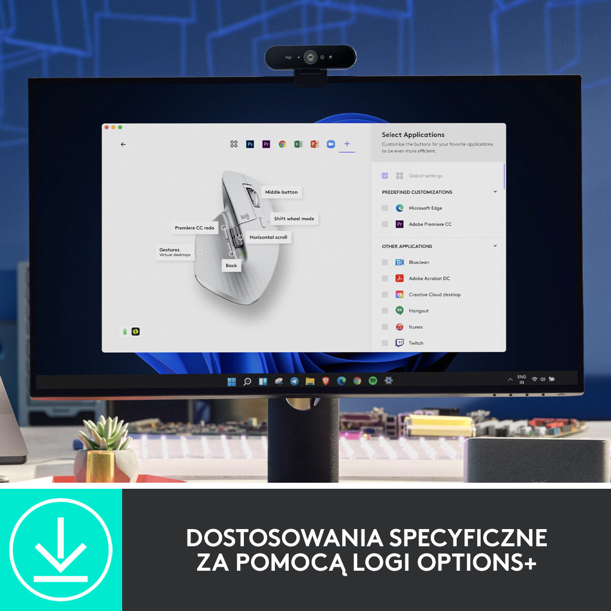 Czarny monitor wyświetlający opcje aplikacji. Biała mysz i kamera na górze.