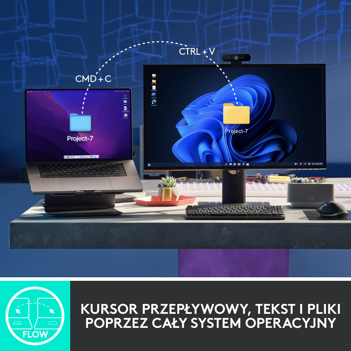 Konfiguracja laptopa i monitora z bezprzewodową klawiaturą, myszą i kamerą internetową na biurku.