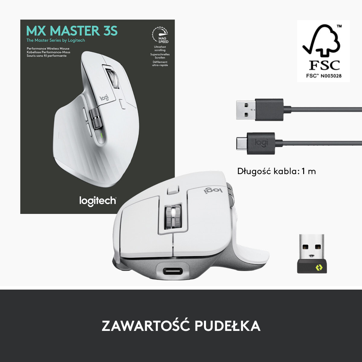 Biała mysz Logitech, pudełko i kable. Tekst: MX MASTER 3S, The Master Series by Logitech.
