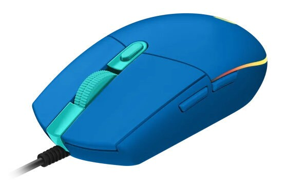 Niebieska mysz gamingowa z cyjanowymi akcentami i podłączonym czarnym kablem.