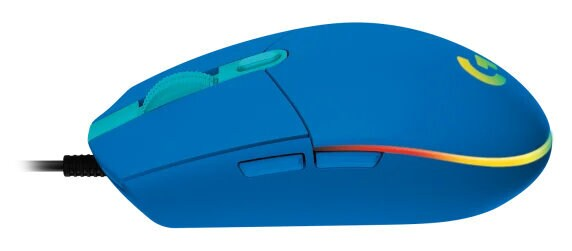 Niebieska mysz gamingowa z zielonym kółkiem przewijania. Posiada kabel i kilka przycisków.