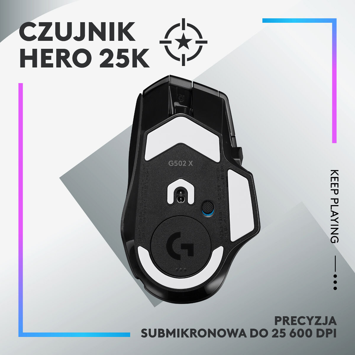 Spód czarnej myszy gamingowej, o oznaczeniu G502 X, z sensorem HERO 25K.