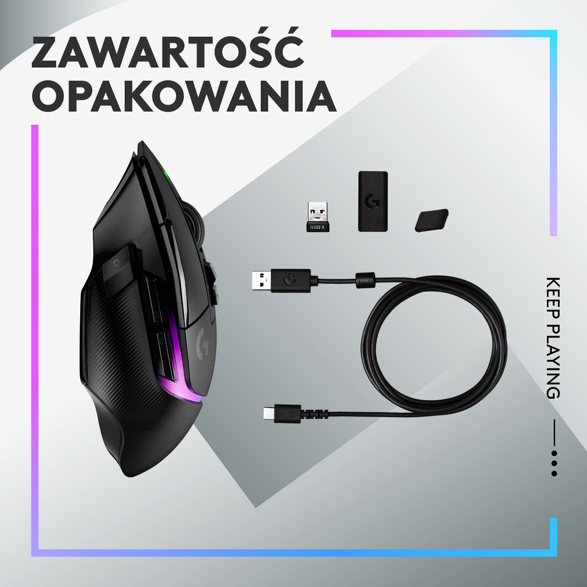 Zawartość zestawu myszy gamingowej Logitech, w tym mysz, kabel i akcesoria.